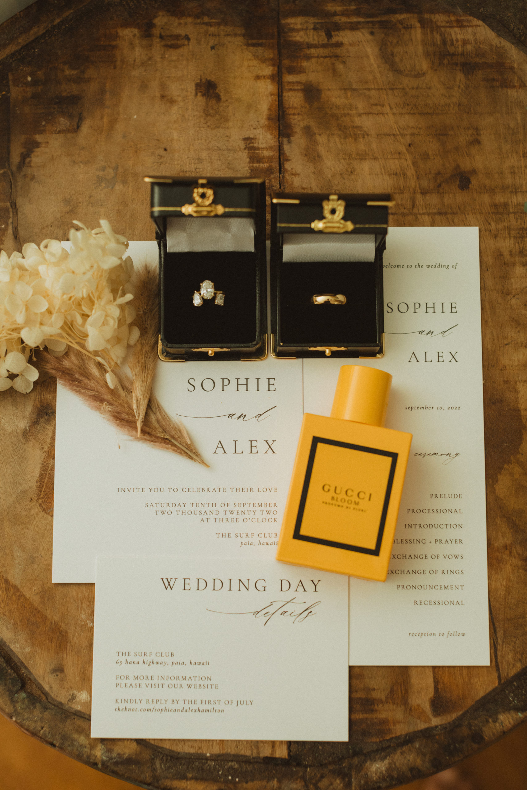 wedding details, rings and invites